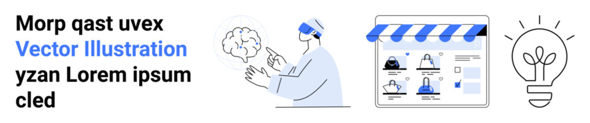 Scientist working with AI technology, online shopping app illustration, and lightbulb idea graphic. Ideal for tech innovation, e-commerce, AI research, virtual reality, digital marketing, creative