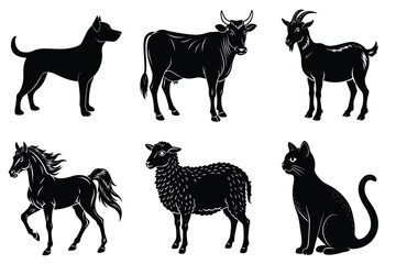 Animals silhouette set. Domestic animal silhouettes cat, cow, dog, horse, goat, sheep vector illustration