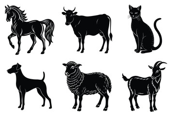 Animals silhouette set. Domestic animal silhouettes cat, cow, dog, horse, goat, sheep vector illustration