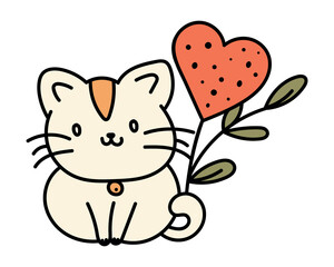 Cat, Heart and Flower. Valentine Sticker. Vector.