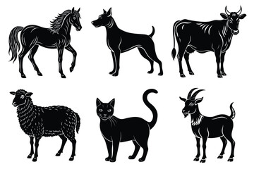 Animals silhouette set. Domestic animal silhouettes cat, cow, dog, horse, goat, sheep vector illustration