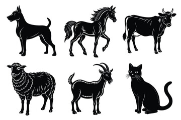 Animals silhouette set. Domestic animal silhouettes cat, cow, dog, horse, goat, sheep vector illustration