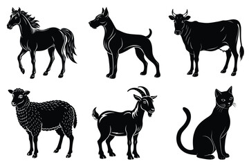 Animals silhouette set. Domestic animal silhouettes cat, cow, dog, horse, goat, sheep vector illustration