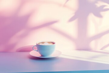 Latte art in a white cup on a pastel background with shadows.