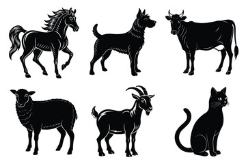 Animals silhouette set. Domestic animal silhouettes cat, cow, dog, horse, goat, sheep vector illustration