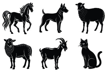 Animals silhouette set. Domestic animal silhouettes cat, cow, dog, horse, goat, sheep vector illustration