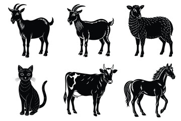 Animals silhouette set. Domestic animal silhouettes cat, cow, dog, horse, goat, sheep vector illustration