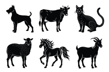Animals silhouette set. Domestic animal silhouettes cat, cow, dog, horse, goat, sheep vector illustration