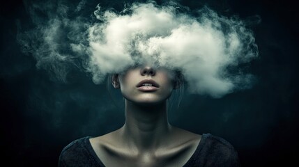 An intriguing portrait featuring a woman with a cloud of smoke obscuring her eyes, reflecting themes of mystery, emotions, and the complexity of human thoughts.