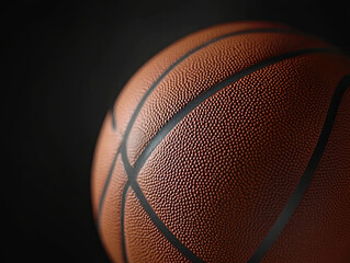 Close-up of a basketball on a black background, high-resolution photography, professional color grading, soft shadows, low contrast, clean sharp focus, focus stacking, macro stock photo