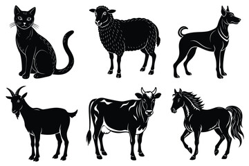Animals silhouette set. Domestic animal silhouettes cat, cow, dog, horse, goat, sheep vector illustration