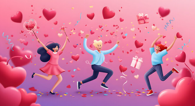 Joyful Valentine s Day Celebration Happy People Jumping with Hearts and Gifts