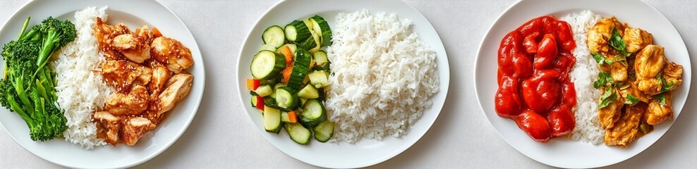 Three plates of healthy meals chicken with rice, broccoli, zucchini, and peppers.