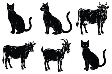 Animals silhouette set. Domestic animal silhouettes cat, cow, dog, horse, goat, sheep vector illustration