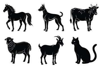 Animals silhouette set. Domestic animal silhouettes cat, cow, dog, horse, goat, sheep vector illustration