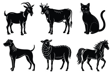 Animals silhouette set. Domestic animal silhouettes cat, cow, dog, horse, goat, sheep vector illustration