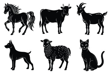 Animals silhouette set. Domestic animal silhouettes cat, cow, dog, horse, goat, sheep vector illustration