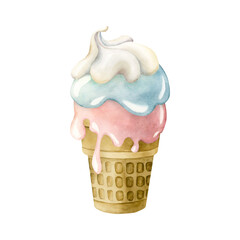 Cute ice cream waffle cup. Watercolor hand painted food illustration isolated on white background for kids birthday