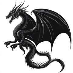 Fototapeta premium Black dragon, simple lines, vector illustration style, white background, solid color blocks, minimalism, symmetrical composition, black and gray tones,