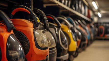 An underground parking garage filled with numerous vacuum cleaners, each parked in designated spaces, creating a peculiar scene of orderly machines lined up in the dimly lit space.