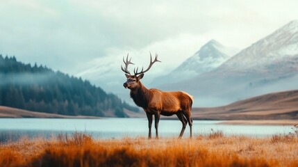 Fototapeta premium Majestic stag by tranquil lake.