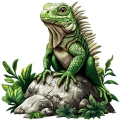 Obraz premium Green Iguana on a Rock: A Stunning Portrait of a Tropical Lizard in its Natural Habitat