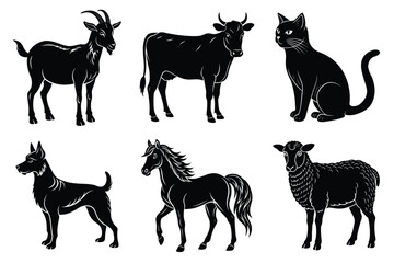 Animals silhouette set. Domestic animal silhouettes cat, cow, dog, horse, goat, sheep vector illustration