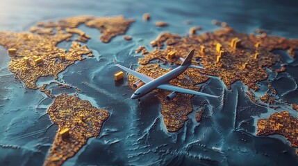 Global air freight delivery, world map background.