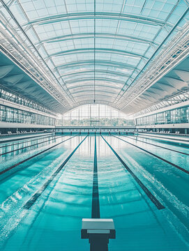 An indoor Olympic-sized swimming pool with a roof and a blue-colored floor, on a sunny day. Swimming starting blocks are positioned in front of one side of the pool. The view is long, 