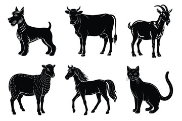 Animals silhouette set. Domestic animal silhouettes cat, cow, dog, horse, goat, sheep vector illustration
