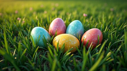 Vibrant Easter eggs with speckled patterns nestled in fresh green grass under sunlight. Spring holiday and seasonal celebration concept