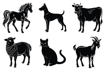 Animals silhouette set. Domestic animal silhouettes cat, cow, dog, horse, goat, sheep vector illustration