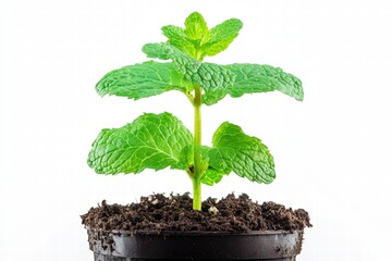 A vibrant green mint plant stands tall in a black pot, showcasing its healthy leaves and rich soil, symbolizing freshness and vitality in horticulture.