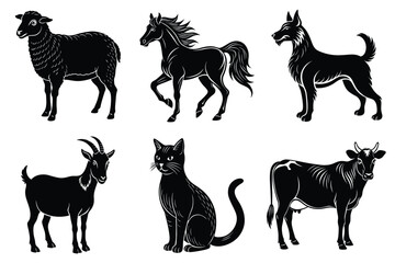 Animals silhouette set. Domestic animal silhouettes cat, cow, dog, horse, goat, sheep vector illustration