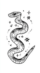 Obraz premium A simple line drawing of a snake with stars, a black and white tattoo design on a plain white background.