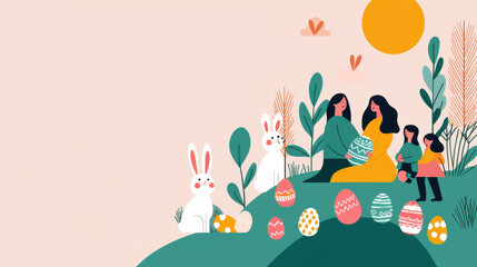 Fototapeta premium A colorful illustration of a family celebrating Easter, featuring decorated eggs, bunnies, and a sunny atmosphere.