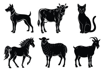 Animals silhouette set. Domestic animal silhouettes cat, cow, dog, horse, goat, sheep vector illustration