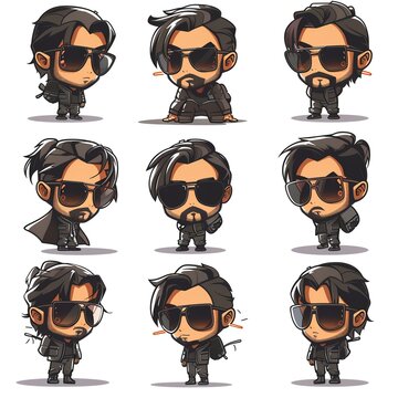 Nine cool guy chibi character poses, digital art, white background, sticker sheet design