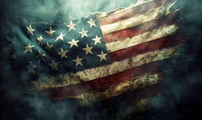 An artistic representation of a tattered American flag surrounded by smoke, showcasing themes of resilience and history with an evocative visual texture and emotional depth.