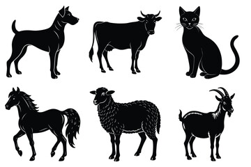 Animals silhouette set. Domestic animal silhouettes cat, cow, dog, horse, goat, sheep vector illustration
