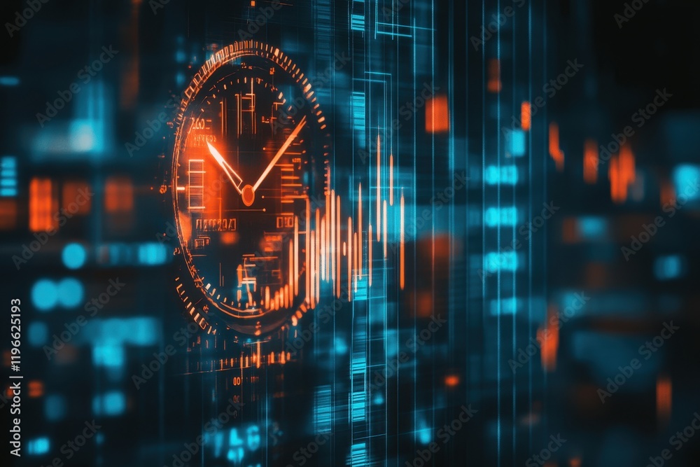 Poster digital clock interface time management futuristic technology data visualization abstract background