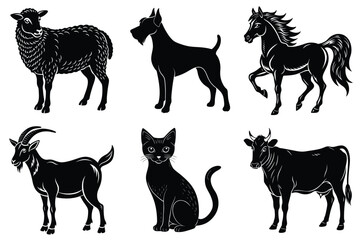 Animals silhouette set. Domestic animal silhouettes cat, cow, dog, horse, goat, sheep vector illustration