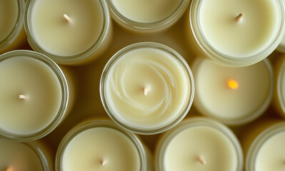 Candlelight Glow: A captivating overhead shot showcasing numerous cream-colored candles in glass jars, one subtly lit, creating a warm and inviting ambiance. 