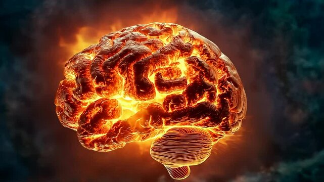 Fiery brain glowing intensely.Intellectual concept rendered vividly.Neurons sparking high heat.Cognitive process visualized dynamically.Representation brainstorming session.Thought heating.