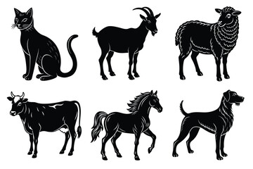 Animals silhouette set. Domestic animal silhouettes cat, cow, dog, horse, goat, sheep vector illustration