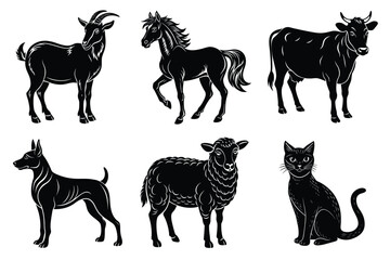 Animals silhouette set. Domestic animal silhouettes cat, cow, dog, horse, goat, sheep vector illustration