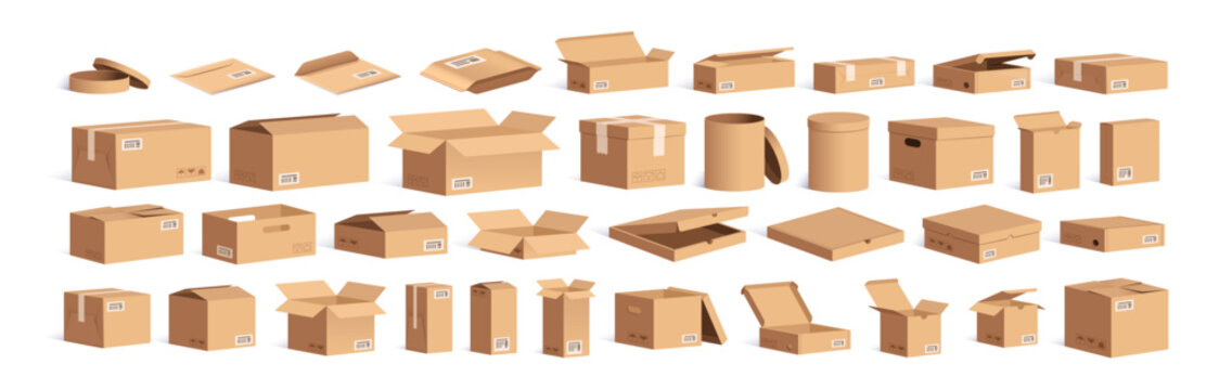 Delivery carton boxes set. Open and closed cardboard packages for storage, shipment. Isometric empty blank packs for cargo, food, gift. Realistic flat vector illustration isolated on white background