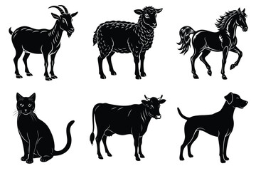 Animals silhouette set. Domestic animal silhouettes cat, cow, dog, horse, goat, sheep vector illustration