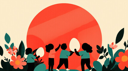 Children playfully holding eggs under a large sun, surrounded by colorful flowers and leaves, creating a vibrant, joyful atmosphere.