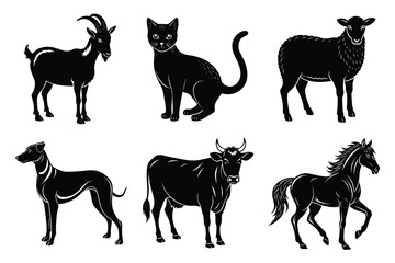 Animals silhouette set. Domestic animal silhouettes cat, cow, dog, horse, goat, sheep vector illustration